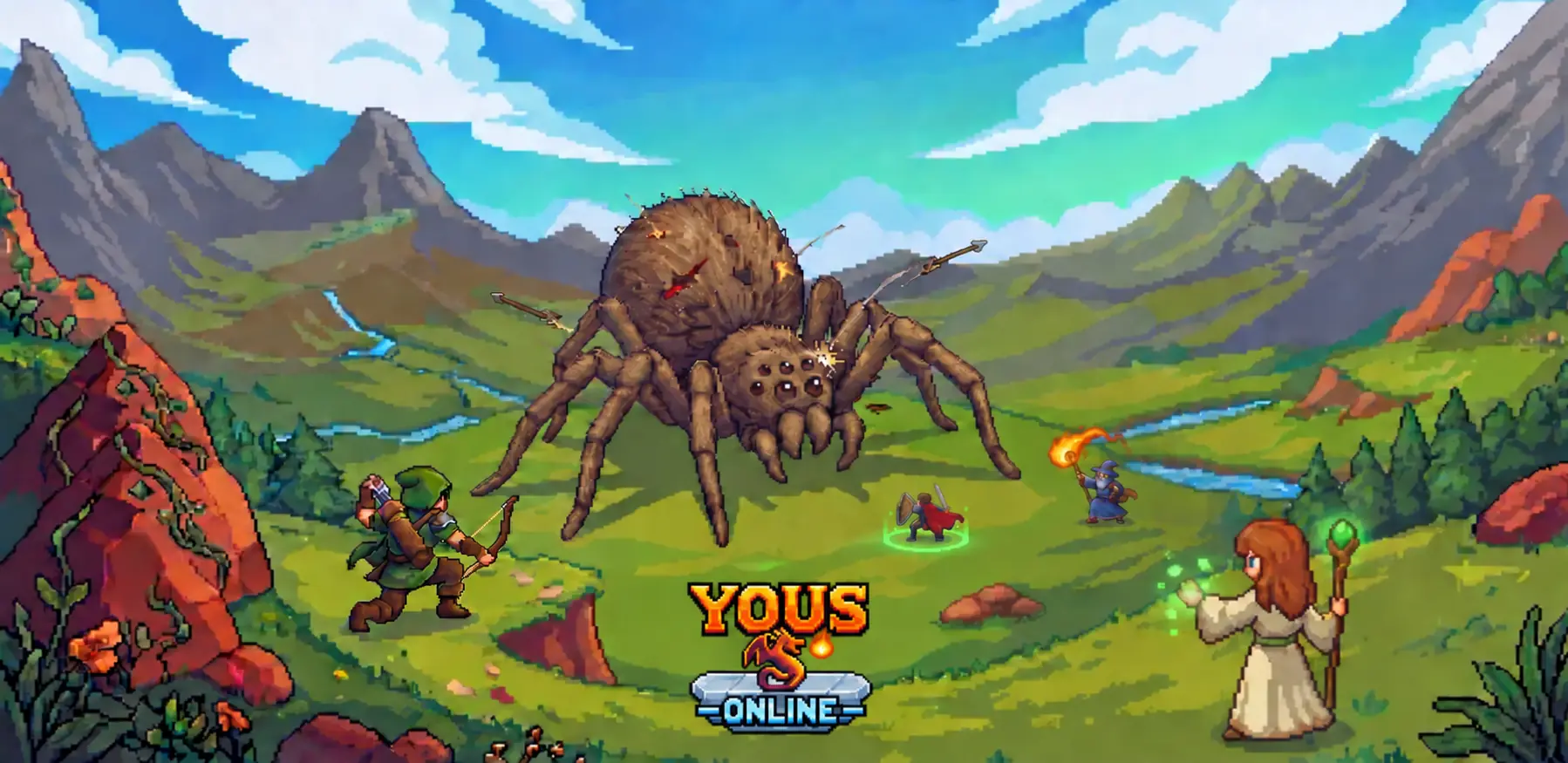 Batalha em pixel art contra uma aranha gigante no mundo de Yous Online
